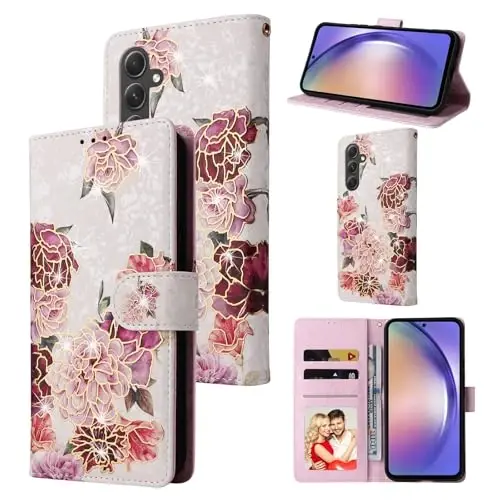 UEEBAI Wallet Case for Samsung Galaxy S26 Plus, PU Leather Phone Cover Kickstand RFID Blocking Flip Case Card Slots Wrist Strap Relief Engraved Pattern Magnetic Closure Flower Wallet, White Flower 