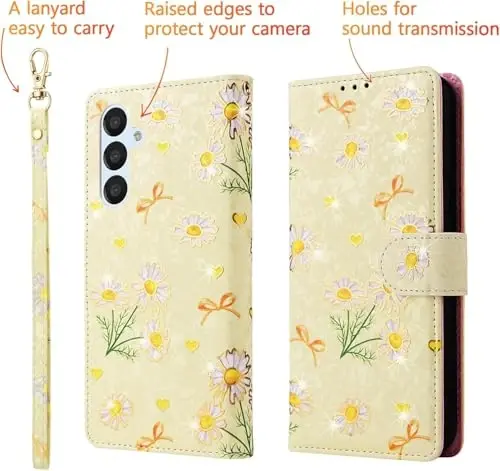 UEEBAI Wallet Case for Samsung Galaxy S26 Plus, PU Leather Phone Cover Kickstand RFID Blocking Flip Case Card Slots Wrist Strap Relief Engraved Pattern Magnetic Closure Flower Wallet, Yellow Daisy - 5