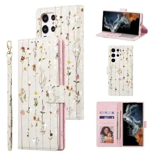 UEEBAI Wallet Case for Samsung Galaxy S26 Ultra 5G, PU Leather Phone Cover Kickstand RFID Blocking Flip Case Card Slots Wrist Strap Relief Engraved Pattern Magnetic Closure Flower Folio Wallet, Vine 