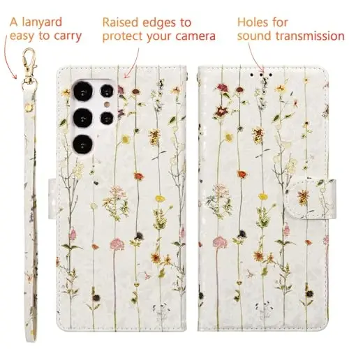 UEEBAI Wallet Case for Samsung Galaxy S26 Ultra 5G, PU Leather Phone Cover Kickstand RFID Blocking Flip Case Card Slots Wrist Strap Relief Engraved Pattern Magnetic Closure Flower Folio Wallet, Vine - 5