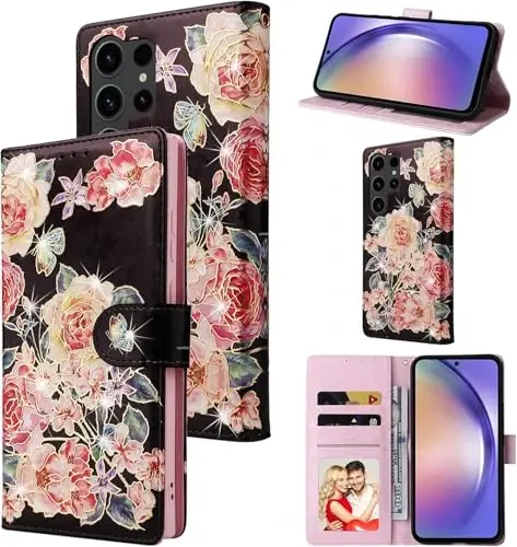 UEEBAI Wallet Case for Samsung Galaxy S26 Ultra, PU Leather Phone Cover Kickstand RFID Blocking Flip Case Card Slots Wrist Strap Relief Engraved Pattern Magnetic Closure Flower Wallet, Black Rose - 1