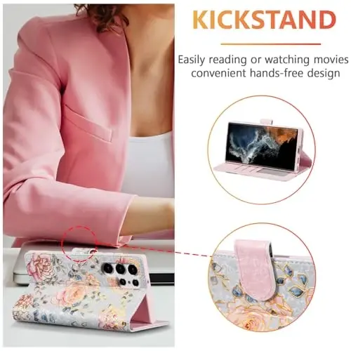 UEEBAI Wallet Case for Samsung Galaxy S26 Ultra, PU Leather Phone Cover Kickstand RFID Blocking Flip Case Card Slots Wrist Strap Relief Engraved Pattern Magnetic Closure Flower Wallet, Purple Rose - 2