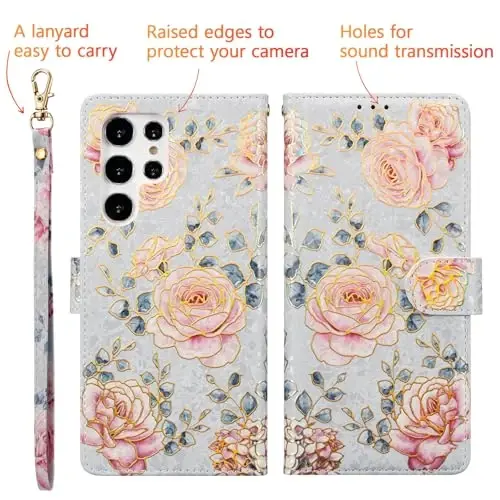 UEEBAI Wallet Case for Samsung Galaxy S26 Ultra, PU Leather Phone Cover Kickstand RFID Blocking Flip Case Card Slots Wrist Strap Relief Engraved Pattern Magnetic Closure Flower Wallet, Purple Rose - 5