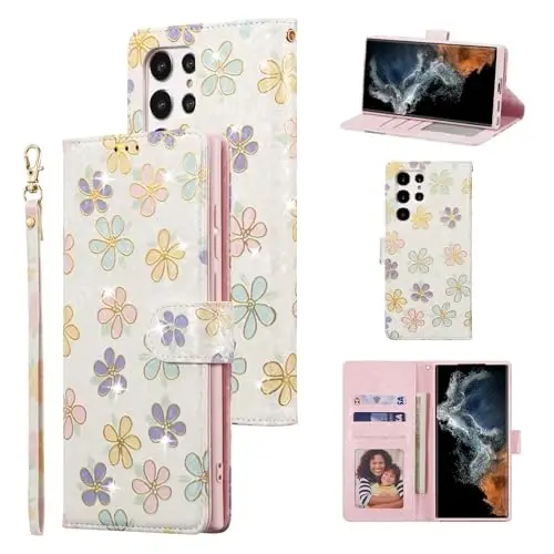 UEEBAI Wallet Case for Samsung Galaxy S26 Ultra, PU Leather Phone Cover Kickstand RFID Blocking Flip Case Card Slots Wrist Strap Relief Engraved Pattern Magnetic Closure Flower Wallet, White Daisy 