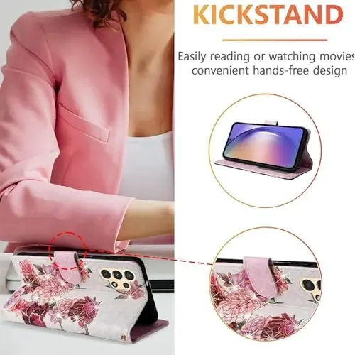 UEEBAI Wallet Case for Samsung Galaxy S26 Ultra, PU Leather Phone Cover Kickstand RFID Blocking Flip Case Card Slots Wrist Strap Relief Engraved Pattern Magnetic Closure Flower Wallet, White Flower - 4