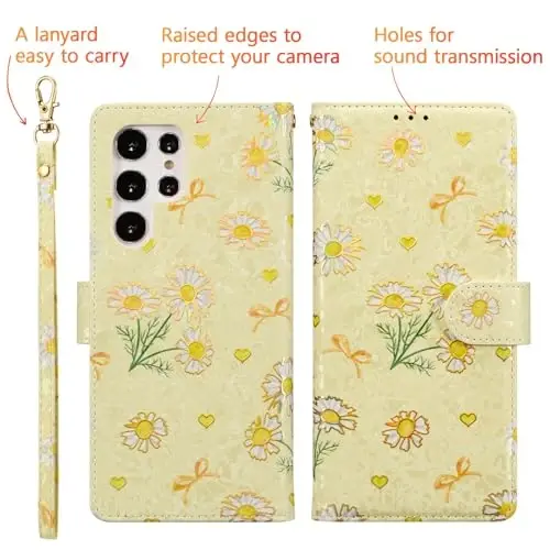 UEEBAI Wallet Case for Samsung Galaxy S26 Ultra, PU Leather Phone Cover Kickstand RFID Blocking Flip Case Card Slots Wrist Strap Relief Engraved Pattern Magnetic Closure Flower Wallet, Yellow Daisy - 5