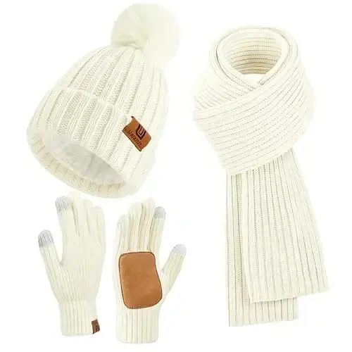 Uerymit Womens Winter Beanie Hat Scarf Gloves Set Warm Knit Beanie with Pom Pom Long Scarf Touchscreen Gloves 3 in 1 Set - 1