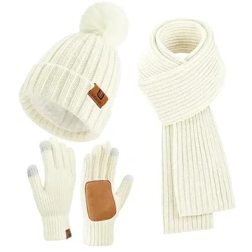 Uerymit Womens Winter Beanie Hat Scarf Gloves Set Warm Knit Beanie with Pom Pom Long Scarf Touchscreen Gloves 3 in 1 Set - Modazone