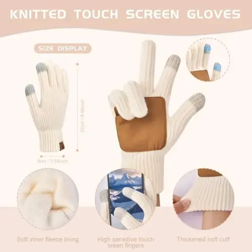 Uerymit Womens Winter Beanie Hat Scarf Gloves Set Warm Knit Beanie with Pom Pom Long Scarf Touchscreen Gloves 3 in 1 Set - 3