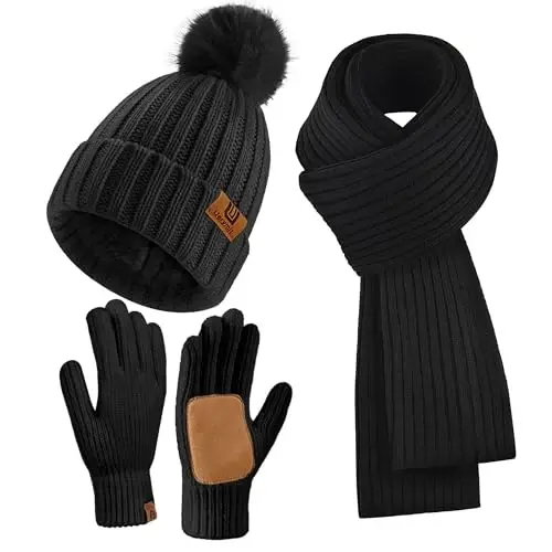 Uerymit Womens Winter Beanie Hat Scarf Gloves Set Warm Knit Beanie with Pom Pom Long Scarf Touchscreen Gloves 3 in 1 Set 