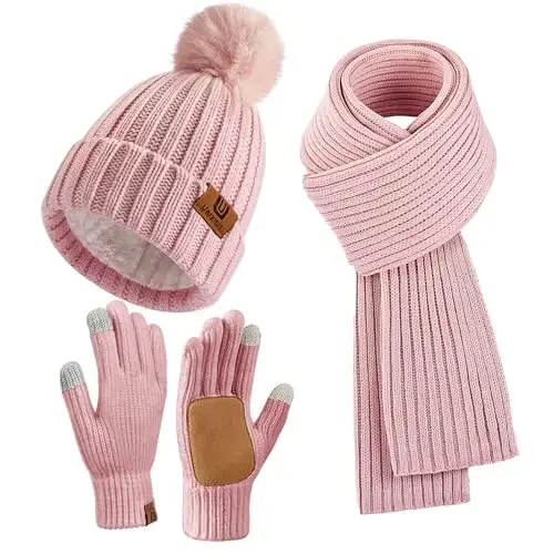 Uerymit Womens Winter Beanie Hat Scarf Gloves Set Warm Knit Beanie with Pom Pom Long Scarf Touchscreen Gloves 3 in 1 Set 