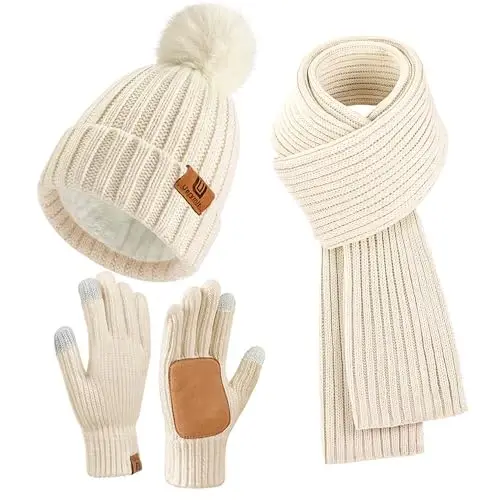 Uerymit Womens Winter Beanie Hat Scarf Gloves Set Warm Knit Beanie with Pom Pom Long Scarf Touchscreen Gloves 3 in 1 Set 