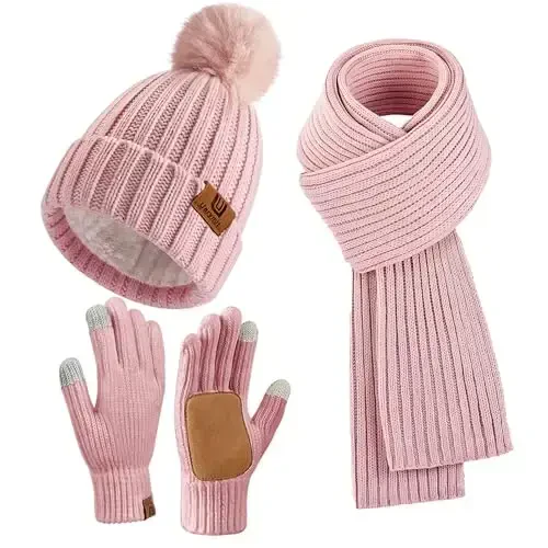 Uerymit Womens Winter Beanie Hat Scarf Gloves Set Warm Knit Beanie with Pom Pom Long Scarf Touchscreen Gloves 3 in 1 Set - UERYMIT