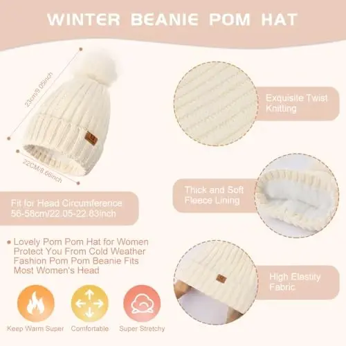 Uerymit Womens Winter Beanie Hat Scarf Gloves Set Warm Knit Beanie with Pom Pom Long Scarf Touchscreen Gloves 3 in 1 Set - 2