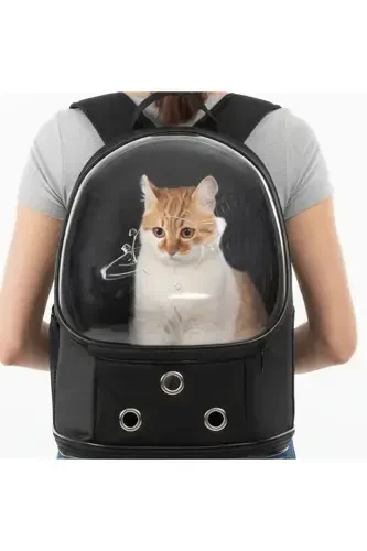 UFO Astronaut Cat Carrier - 7 Air Channel Paw Patterned 47x40x35cm (15kg)-Black - 1