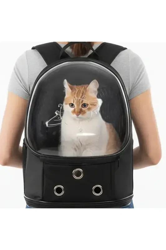 UFO Astronaut Cat Carrier - 7 Air Channel Paw Patterned 47x40x35cm (15kg)-Black - 1