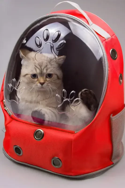 Ufo Astronaut Cat Carrier - 7 Air Channel Paw Patterned 47x40x35cm (15kg)-Red - ALAPET
