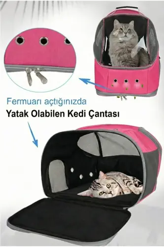Ufo Astronot Kedi Taşıma Çantası - 7 Hava Kanallı Pati Desenli 47x40x35cm (15kg) - Pembe - 4