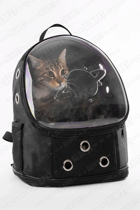 Ufo Astronot Kedi Taşıma Çantası - 7 Hava Kanallı Pati Desenli 47x40x35cm (15kg) - Siyah - 2