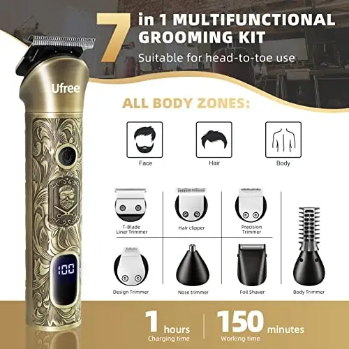 Ufree Beard Trimmer for Men, Cordless Hair Clippers, Electric Razor Shavers for Men, Shaving Kit for Mustache Body Nose Ear Hair Facial, 7 in 1 Beard Grooming Kit Fathers Gifts for Dad - 2