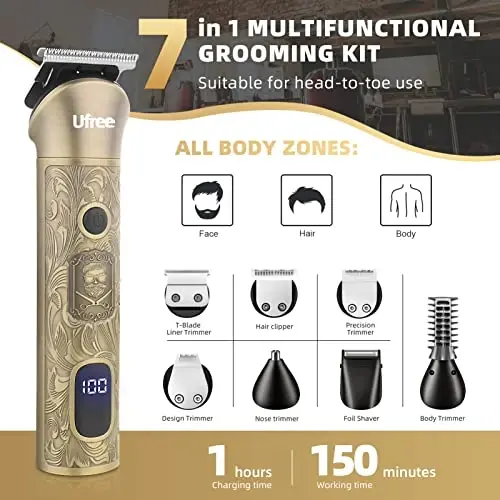 Ufree 7-in-1 Beard Trimmer for Men, Electric Razor Shaver, Men Grooming Kit | 1-10 mm Adjustable Comb for All Mustache Lengths, Type-C, LED Display, Versatile Use on Sideburns, Body, Nose Hair, Men Gift - UFREE (1)