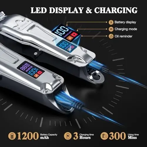 Ufree Professional Hair Clippers for Men, Cordless Metal Barber Clippers and Trimmers Set, Clippers for Hair Cutting Kit with LCD Display, Zero Gap T-Blade Beard Hair Trimmer, Gifts for Men, Silver - 6