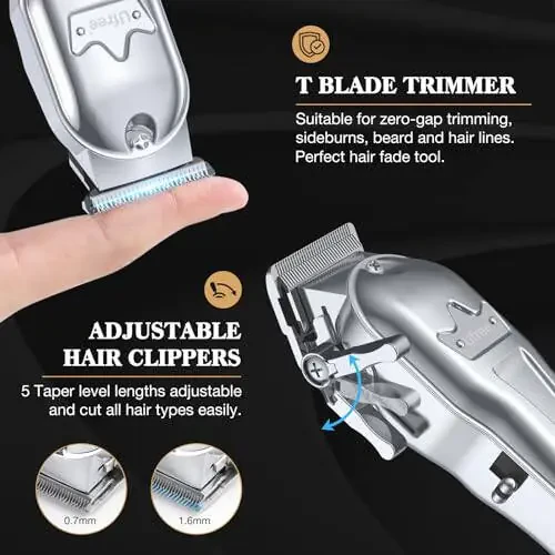 Ufree Professional Hair Clippers for Men, Cordless Metal Barber Clippers and Trimmers Set, Clippers for Hair Cutting Kit with LCD Display, Zero Gap T-Blade Beard Hair Trimmer, Gifts for Men, Silver - 1