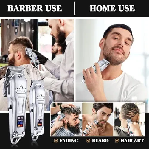 Ufree Professional Hair Clippers for Men, Cordless Metal Barber Clippers and Trimmers Set, Clippers for Hair Cutting Kit with LCD Display, Zero Gap T-Blade Beard Hair Trimmer, Gifts for Men, Silver - 3