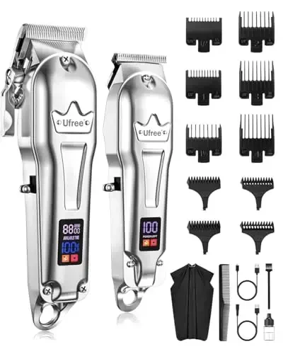 Ufree Professional Hair Clippers for Men, Cordless Metal Barber Clippers and Trimmers Set, Clippers for Hair Cutting Kit with LCD Display, Zero Gap T-Blade Beard Hair Trimmer, Gifts for Men, Silver - 4