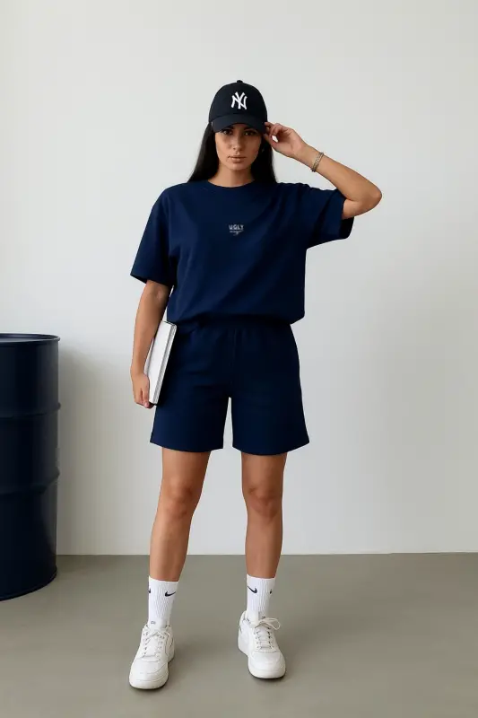 Ugly Printed Navy Shorts T-shirt Set Oversize Crew Neck T-shirt Set Unisex-NAVY - 1