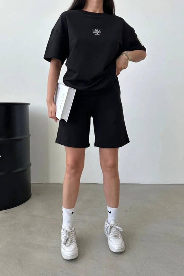 Ugly T-shirt Shorts - Black Top Bottom Matching Shorts T-shirt Set Printed Oversize Crew Neck - 6