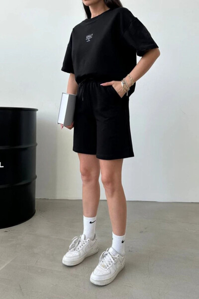 Ugly T-shirt Shorts - Black Top Bottom Matching Shorts T-shirt Set Printed Oversize Crew Neck - 7