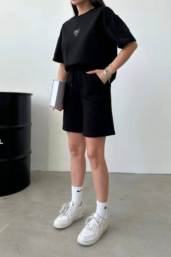 Ugly T-shirt Shorts - Black Top Bottom Matching Shorts T-shirt Set Printed Oversize Crew Neck - 7