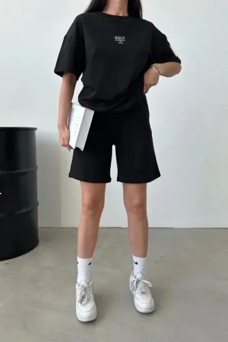Ugly T-shirt Shorts - Black Top Bottom Matching Shorts T-shirt Set Printed Oversize Crew Neck - 3