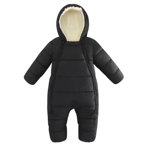 uideazone Baby Double Zipper Footed Hooded Fleece Lined Snowsuit 3-24M | Toddler Winter Clothes Infant Girls Boys Padded Puffer Jumpsuit Coat Diaper Change Windproof Warmth for Cold Weather Outing - 1