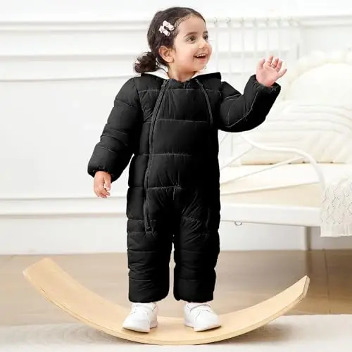 uideazone Baby Double Zipper Footed Hooded Fleece Lined Snowsuit 3-24M | Toddler Winter Clothes Infant Girls Boys Padded Puffer Jumpsuit Coat Diaper Change Windproof Warmth for Cold Weather Outing - uideazone (1)