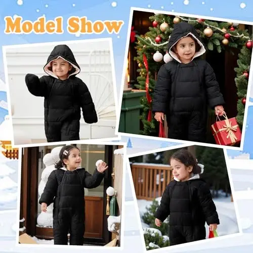 uideazone Baby Double Zipper Footed Hooded Fleece Lined Snowsuit 3-24M | Toddler Winter Clothes Infant Girls Boys Padded Puffer Jumpsuit Coat Diaper Change Windproof Warmth for Cold Weather Outing - 4