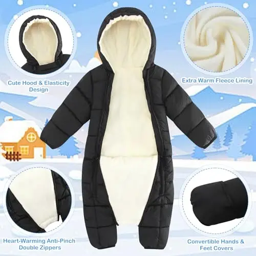 uideazone Baby Double Zipper Footed Hooded Fleece Lined Snowsuit 3-24M | Toddler Winter Clothes Infant Girls Boys Padded Puffer Jumpsuit Coat Diaper Change Windproof Warmth for Cold Weather Outing - 5