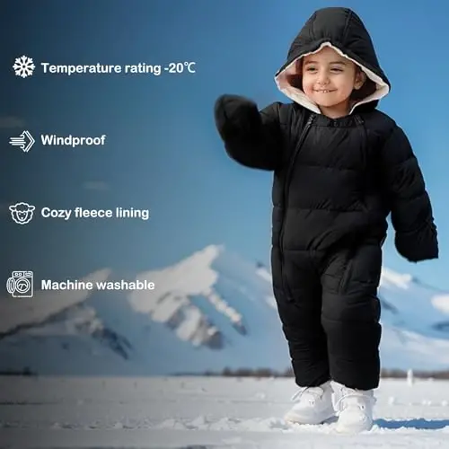 uideazone Baby Double Zipper Footed Hooded Fleece Lined Snowsuit 3-24M | Toddler Winter Clothes Infant Girls Boys Padded Puffer Jumpsuit Coat Diaper Change Windproof Warmth for Cold Weather Outing - 6