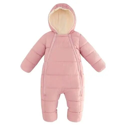 uideazone Baby Double Zipper Footed Hooded Fleece Lined Snowsuit 3-24M | Toddler Winter Clothes Infant Girls Boys Padded Puffer Jumpsuit Coat Diaper Change Windproof Warmth for Cold Weather Outing - uideazone