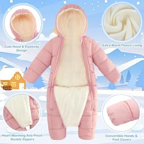 uideazone Baby Double Zipper Footed Hooded Fleece Lined Snowsuit 3-24M | Toddler Winter Clothes Infant Girls Boys Padded Puffer Jumpsuit Coat Diaper Change Windproof Warmth for Cold Weather Outing - 5