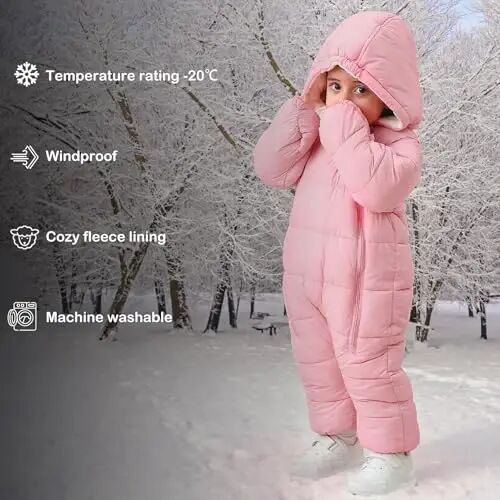 uideazone Baby Double Zipper Footed Hooded Fleece Lined Snowsuit 3-24M | Toddler Winter Clothes Infant Girls Boys Padded Puffer Jumpsuit Coat Diaper Change Windproof Warmth for Cold Weather Outing - 6