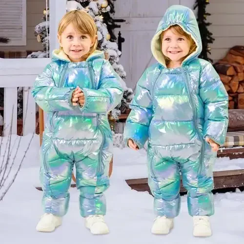 uideazone Baby Girls Boys Snowsuit Toddler Warm Hooded Snow Suit Infant Double Zipper Romper One Piece Puffer Coat 3-24M - 4