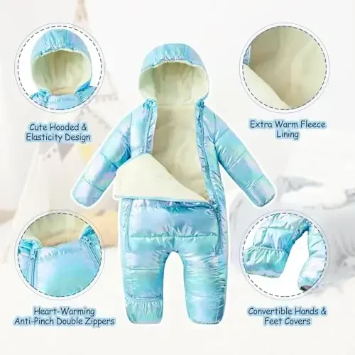 uideazone Baby Girls Boys Snowsuit Toddler Warm Hooded Snow Suit Infant Double Zipper Romper One Piece Puffer Coat 3-24M - 6