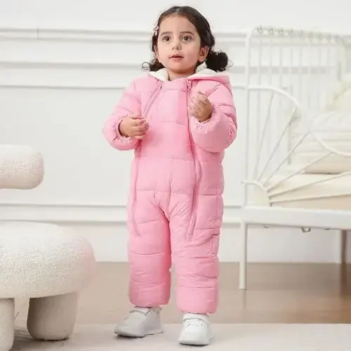 uideazone Baby Girls Boys Snowsuit Toddler Warm Hooded Snow Suit Infant Double Zipper Romper One Piece Puffer Coat 3-24M - 2