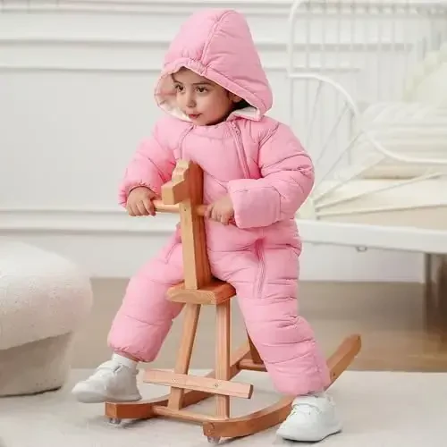 uideazone Baby Girls Boys Snowsuit Toddler Warm Hooded Snow Suit Infant Double Zipper Romper One Piece Puffer Coat 3-24M - 3