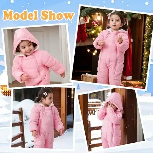 uideazone Baby Girls Boys Snowsuit Toddler Warm Hooded Snow Suit Infant Double Zipper Romper One Piece Puffer Coat 3-24M - 4