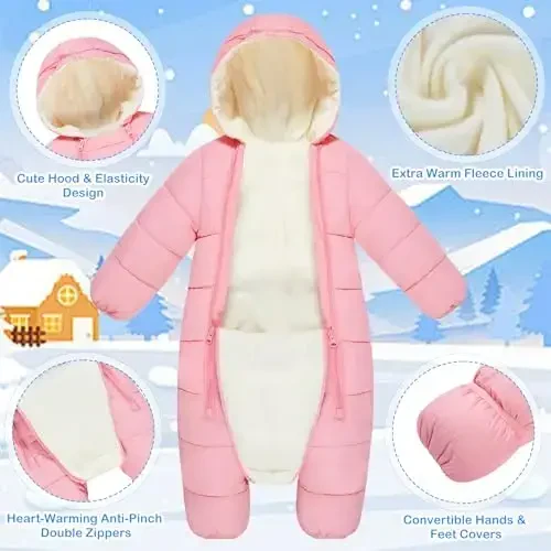 uideazone Baby Girls Boys Snowsuit Toddler Warm Hooded Snow Suit Infant Double Zipper Romper One Piece Puffer Coat 3-24M - 5