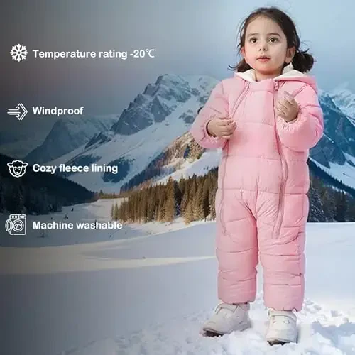 uideazone Baby Girls Boys Snowsuit Toddler Warm Hooded Snow Suit Infant Double Zipper Romper One Piece Puffer Coat 3-24M - 6