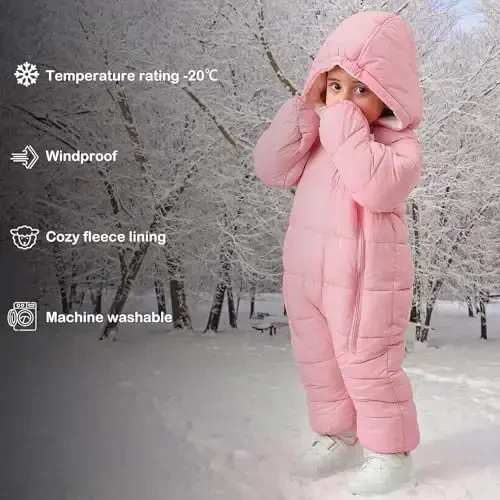 uideazone Baby Girls Boys Snowsuit Toddler Warm Hooded Snow Suit Infant Double Zipper Romper One Piece Puffer Coat 3-24M - 6